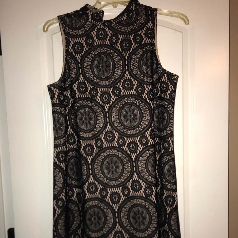 Lace black and blush high neckline dress